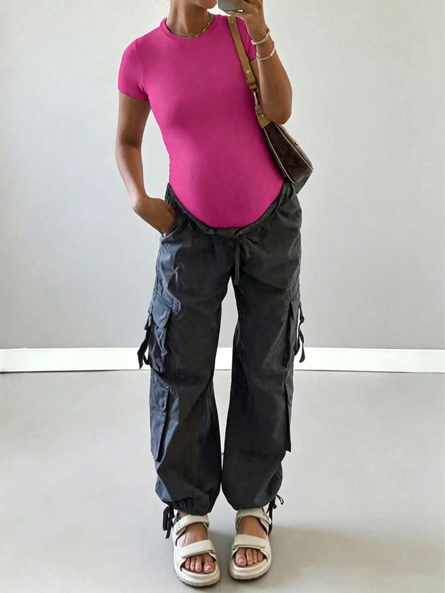 Body de unicolor de cuello redondo para mujeres embarazadas, simple y versátil, negro adelgazante para el verano - Rosa Roja - Ver 1