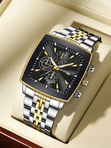 Reloj de pulsera clásico de moda para hombre con esfera cuadrada de tres ojos y calendario, elegante reloj de cuarzo (1 pieza/set), caja de reloj no incluida - Negro - Ver 1