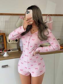 1件女款V領蝴蝶結印花居家連身褲 - 粉色 - 查看 2