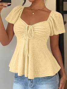 Women's T-Shirt, Modern And Elegant, New For Spring/Summer, Y2K Style, Solid Color, Jacquard, Comfortable And Breathable, With V-Neck, Adjustable Drawstring And Short Sleeves - 酒紅色 - 查看 2