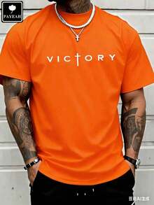 Men's Fashionable Short Sleeve T-Shirt PAYEAH Men's Letter Print T-Shirt, Crew Neck, Short Sleeve, Summer T-Shirts, 100% Comfortable Cotton - 橘色 - 查看 1