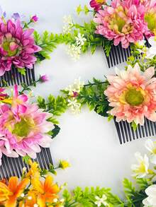 1pc New Style Artificial Fabric Hawaiian Sunflower Floral Greenery Hair Comb, Suitable For Daily Wear, Photography, Hawaiian Vacation, Party, Holiday Gift - Multicolor - View 3