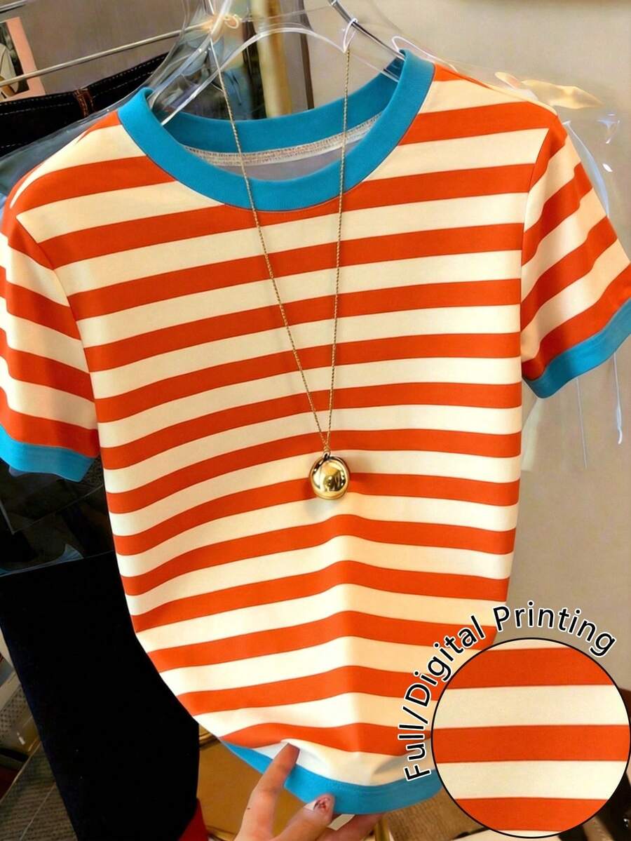 Camiseta de manga corta de cuello redondo a rayas para mujer, versátil y casual para uso diario - Multicolor 9 - Ver 1