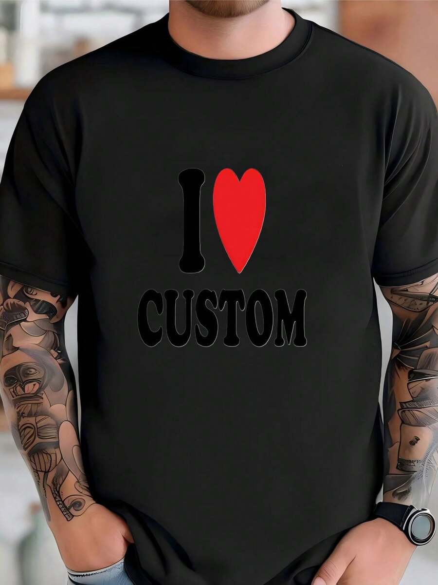 Men's Personalized "I Love You" T-Shirt, Classic Heart Design, Crew Neck And Short Sleeves, Casual And Comfortable Summer Fashion, Valentine's Day Gift - 黑色 - 查看 1