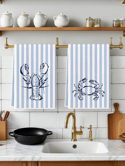 2 Pcs Lobster Crab Stripe Kitchen Towels Blue White Dish Towels Can Be Used In Kitchen Drying Hand Towels Tea Towels Suitable For Farmhouse Kitchen Home Indoor Dish Drying
