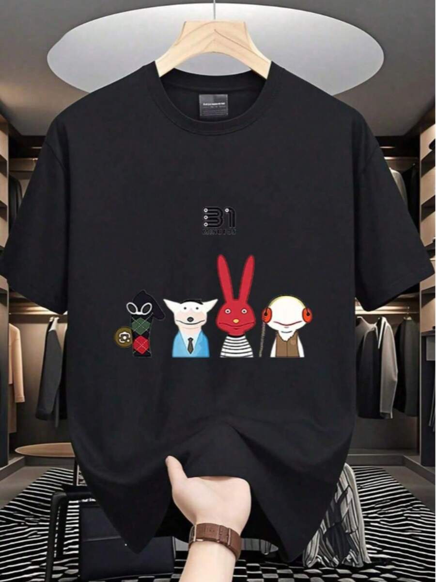 Tienda Local, Camisas para Hombre, Ropa de Hombre, Camisas para Hombre, Camisa para Hombre, Camiseta de Muppets 31 Minutos 180G Blanco y Negro, Estampado de Personajes, Alta Calidad, Cuell - Negro - Ver 1