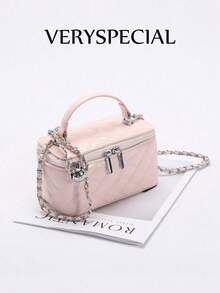 1pc Solid Color Embossed Woven Plaid Fashion PU Quilted Diamond Stitching Box Bag, Stylish & Versatile Zipper Small Square Bag, Women's Handbag With Chain Strap, Adjustable Copper Ball Hardw - Rosa - Ver 2