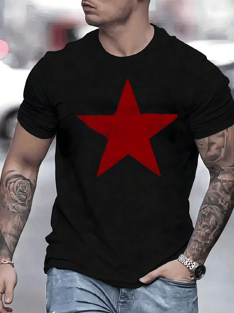 Estrella roja radiante simboliza fuerza pasión y energía vital destacando audacia sobre el tejido para este modelo exclusivo de camiseta de hombre - Negro - Ver 1