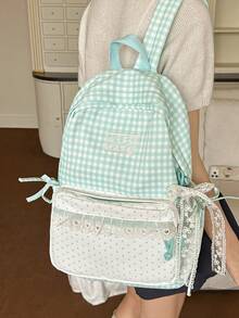 Contrast Color Star Decor Backpack, Large Capacity, Suitable For Travel, Shopping, Vacation, Japanese Style, Back To School - Green - View 1