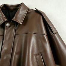 Women's Short Brown PU Leather Jacket, Loose Batwing Long Sleeve Lapel Coat With Elastic Hem - Brown - View 5