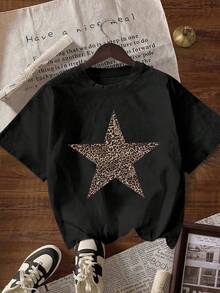 Tops For Women Cotton T Shirt Men Teen Girl Topsde manga corta para mujer con estampado de leopardo y estrella, casual, negra, de verano - Negro - Ver 1