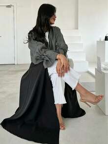 Middle Eastern Style Robe, Fashion Patchwork Design With Drawstring Cuffs, Elegant Fitted Long Dress, Casual Summer Holiday Dress - Grey - View 4