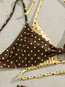 PEPPERMOLLY Ensemble de bikini sexy jaune-brun à pois sans dos pour femmes, maillot de bain trois pièces à la mode, tenue de plage d'été pour les vacances - brun jaunâtre - Voir 7