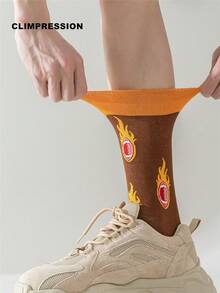 CLIMPRESSION Cotton Unisex Creative Mid-Calf Socks, Brown & Yellow Pattern, Fun Casual & Dress Socks - Orange - View 6