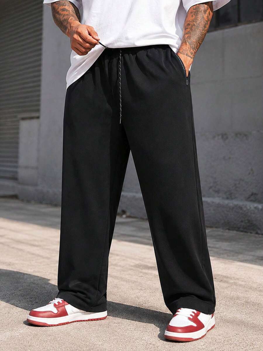 Men's Plus Size Lightweight Casual Sports Pants, Summer, Drawstring Pocket Zipper Design - Black - View 1