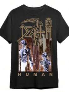 1pc Men's Vintage Human Death Graphic T-Shirt - 100% Cotton Crew Neck T-Shirt With Gothic Skeleton And Wings Print, Regular Fit Short Sleeve Casual Tee - 黑色 - 查看 1
