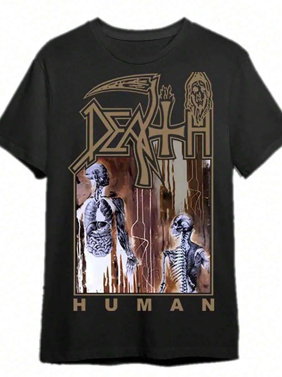 1pc Men's Vintage Human Death Graphic T-Shirt - 100% Cotton Crew Neck T-Shirt With Gothic Skeleton And Wings Print, Regular Fit Short Sleeve Casual Tee - 黑色 - 查看 1