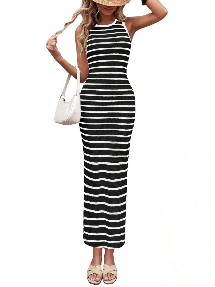 New Striped Dress With Round Neck For Women: Ideal For Any Occasion. - 黑色 - 查看 1