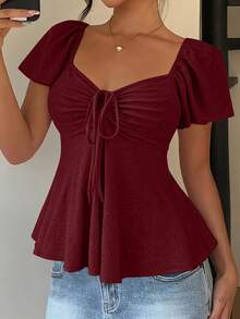 Women's T-Shirt, Modern And Elegant, New For Spring/Summer, Y2K Style, Solid Color, Jacquard, Comfortable And Breathable, With V-Neck, Adjustable Drawstring And Short Sleeves - 酒紅色 - 查看 1