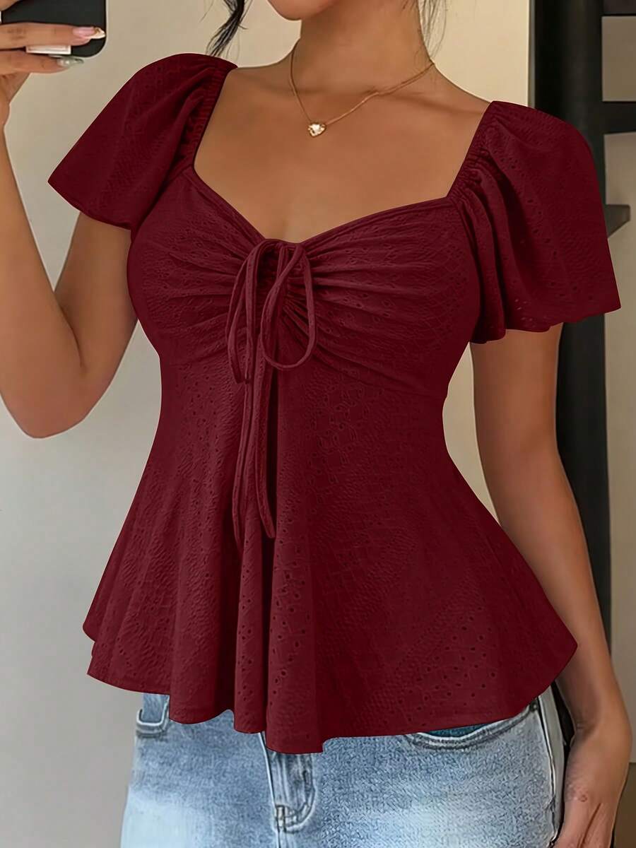Women's T-Shirt, Modern And Elegant, New For Spring/Summer, Y2K Style, Solid Color, Jacquard, Comfortable And Breathable, With V-Neck, Adjustable Drawstring And Short Sleeves - 酒紅色 - 查看 1
