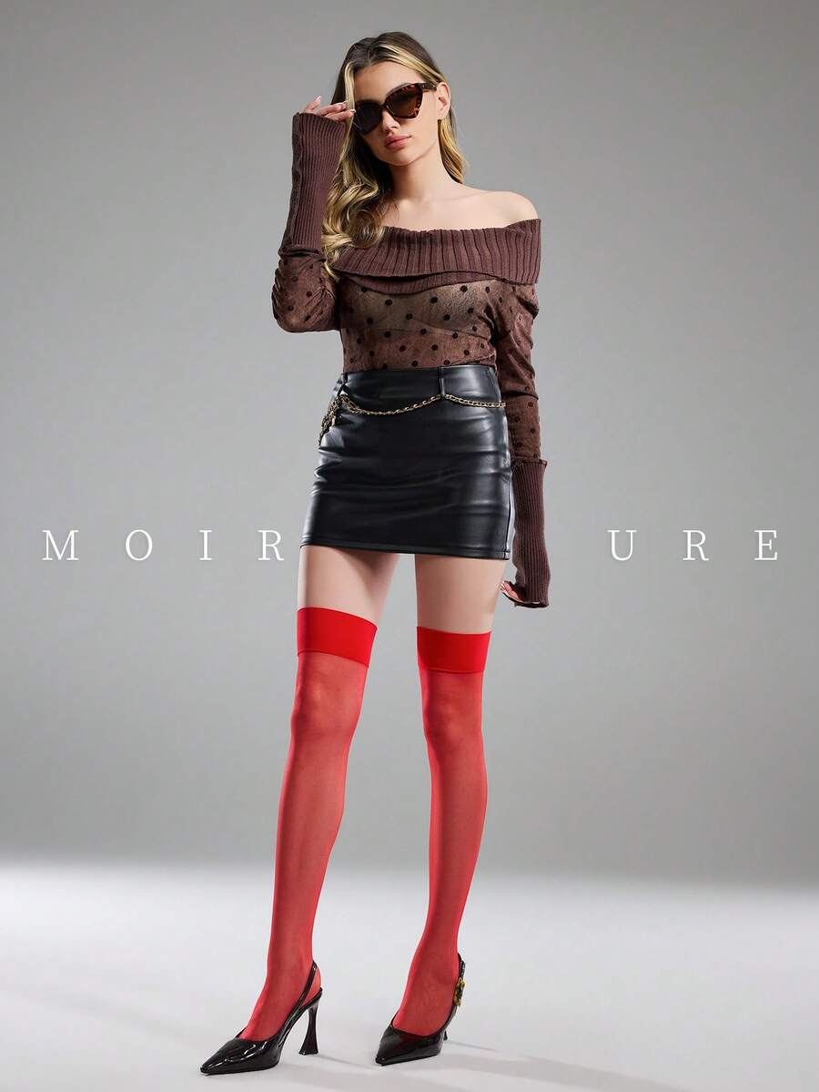 MOIRÉALLURE 1雙大腿高筒襪,適合日常通勤、夜店及各種造型需求 - 紅色 - 查看 1