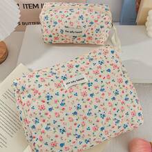3pcs Set, Large/Medium/Small Multi-Size Large Capacity Layered Storage, Fresh Pastoral Ins Style Soft Lightweight Non-Pressing Luggage, Diamond Quilted Thickened Padded Skin-Friendly Breathable Water-Resistant Fabric, Portable Cosmetic Storage Bag, Korean Healing Floral Girly Style, Cream White Base Full Print Pink Blue Mini Wild Flower Plant Print, 3D Square Full Body Design Resistant To Collapse And Deformation - Multicolor - View 13