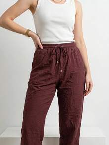WOMEN CASUAL LOOSE FİT PANTS ELASTİC WAİST - Burgundy - View 2