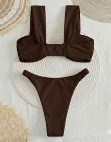 Women's Bikini With Thick Straps, Ruched Detail, High-Cut Bottom, Beachwear, Summer Style - Rust Brown - View 4