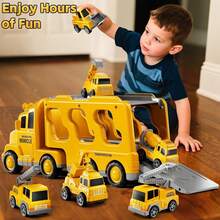 Camiones de Juguete para Niño 7 en 1, Carros para Niños con Luz y Sonidos, Carros de Bomberos con Camiones de Transporte de Inercia, 5 Mini Coches y 1 Avión, Juguetes Regalo para Niños 3-10 Años - Amarillo - Ver 2