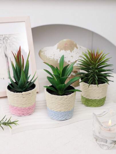 3pcs Set Artificial Mini Succulent Tropical Plants In Colorful Woven Pots, Diameter 8cm/3.14in, Made Of PE Material. Perfect For Desk Decor, Student Dorm And Office Decoration. Artificial Potted Plants Also Suitable For Home Decor, Landscape Decor, Party/Holiday Decor And Birthday Party Decor, All Season, Gift For Plant Lovers.