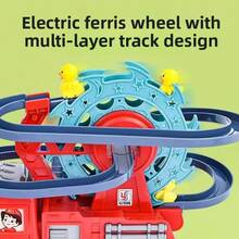 Coche de juguete para niños de gran capacidad con pista de ensamblaje multifunción, coche eléctrico con dinosaurio Tiranosaurio, Triceratops, pato amarillo y camión de bomberos, pista con bucle y tobogán, luces de colores, música dinámica, giro automático, evitación de obstáculos, deslizamiento omnidireccional, juguete educativo divertido e interactivo para niños, regalo adecuado para bebés de 2 años en adelante, regalo de cumpleaños y vacaciones (requiere 3 pilas AA) - Multicolor - Ver 4