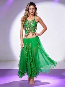Professional Belly Dance Embroidered Coin Fringe Halter Crop Top, Elastic Waist Gold Trim Chiffon Skirt For Dance Training, Shows And Competitions - Multicolor - View 3