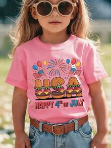 Girls' Short-Sleeved T-Shirt From The 'American Independence Day' Collection With Cartoon Prints Such As 'HAPPY 4TH OF JULY', Hamburger, United States, American Flag - 灰色 - 查看 1