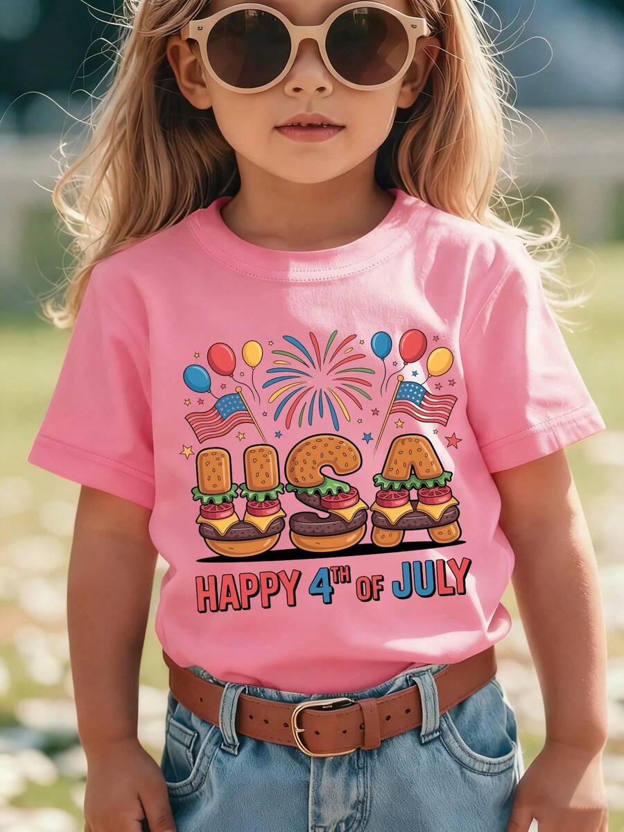 Girls' Short-Sleeved T-Shirt From The 'American Independence Day' Collection With Cartoon Prints Such As 'HAPPY 4TH OF JULY', Hamburger, United States, American Flag - 灰色 - 查看 1