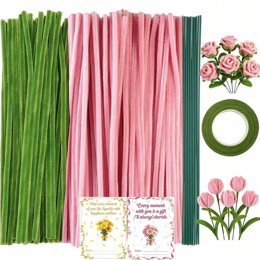 163Pcs DIY Pipe Cleaner Flower Kit Great Gift For Valentine's Day, Mother's Day & Graduation High Flexibility, Shape Stably Without Rebound All-Inclusive Craft Supplies, Ready To Craft 150 Two-Tone Chenille Stems + Floral Wires + Floral Tape
