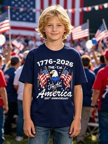 Camiseta para niño con la bandera estadounidense y la águila calva para el 250º aniversario (1776-2026) – 250º aniversario de la independencia, camiseta holgada con estampado de águila, idea - Rojo - Ver 7