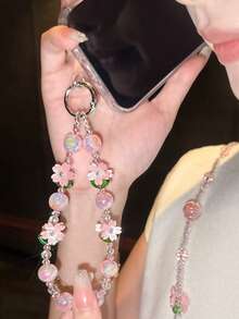 1pc [Lucky Lotus] Pink Peach Blossom Crystal Chain, Luxury High-End Spring/Summer New Fashion Handheld Phone Lanyard, Camera Universal Hanging Decoration, Phone Chain - Multicolor - View 2