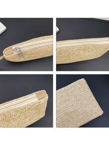 Bolso de mano de paja tejida personalizado con nombre, bolso de estilo bohemio con cremallera y correa de muñeca, bolso de maquillaje para damas de honor, bolso de mano para vacaciones de verano en la playa - Multicolor - Ver 6