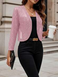 Women's Glitter Sequin Cardigan Jacket, Pleated Fabric With Gold Foil, 3/4 Sleeves, Business Casual For Women - 羅莎 - 查看 7