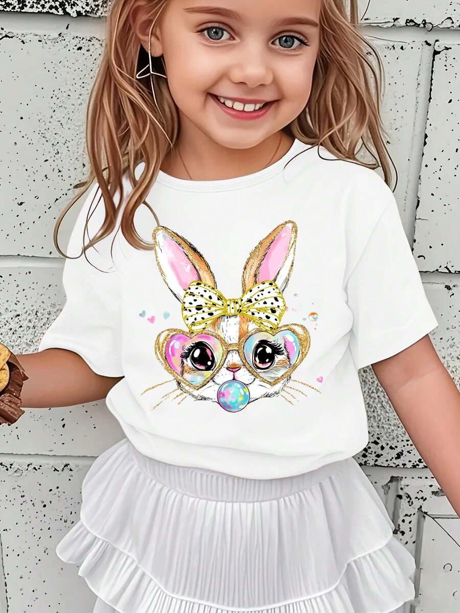 Girls' Short-Sleeved T-Shirt, Spring-Summer Style, With Easter Cartoon Print: Bow, Rabbit, Heart, Colorful Glasses And Bubbles, Versatile Casual Top NY-DX5438 - 白色 - 查看 1
