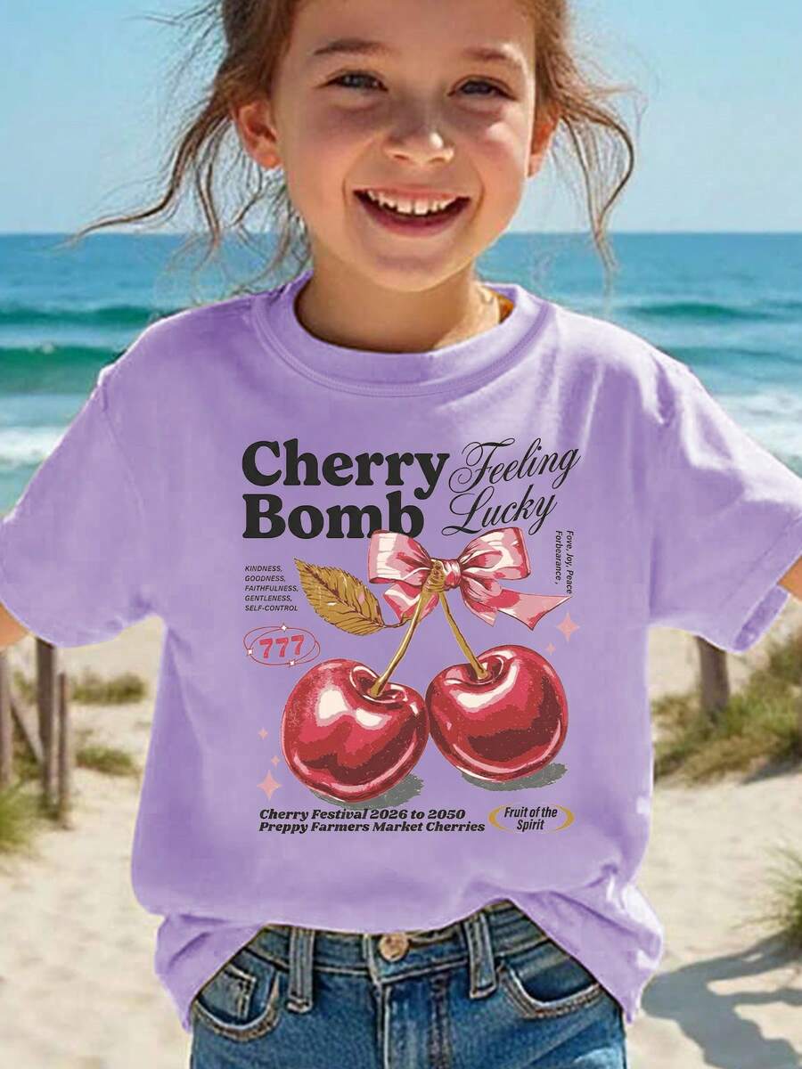Girls' Short-Sleeved T-Shirt, Summer Style, With "Cherry Bomb" Print, Bow And Cartoon Cherry Design, Casual And Versatile Top NY-DX9386 - 紫色 - 查看 1