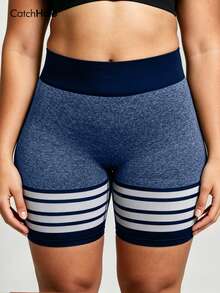 Plus Size Seamless Cycling Shorts For Women, Striped Contrast High Waist Tummy Control Butt Lifting, High Stretch Gym Yoga Biker Shorts, Summer Sports - Multicolor - View 5