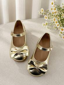 Girls Mary Jane Shoes Buckle Strap Bow Decor Easy Wear Flats - Gold - View 5