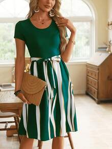 Elegant Summer Dress With Belt And Color Blocks For Everyday Wear, With Short Sleeves, For Cross-Border Women - 綠色 - 查看 1