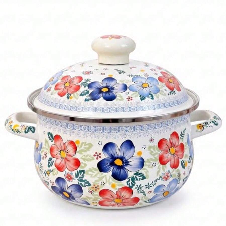 5 Quart Enamel Stockpot With Lid, Retro Cooking Pot, Vintage Floral Stew Bean Simmer Pot With Handle, Kitchen Soup Pot, Retro Classic Design 5 Quart - View 1