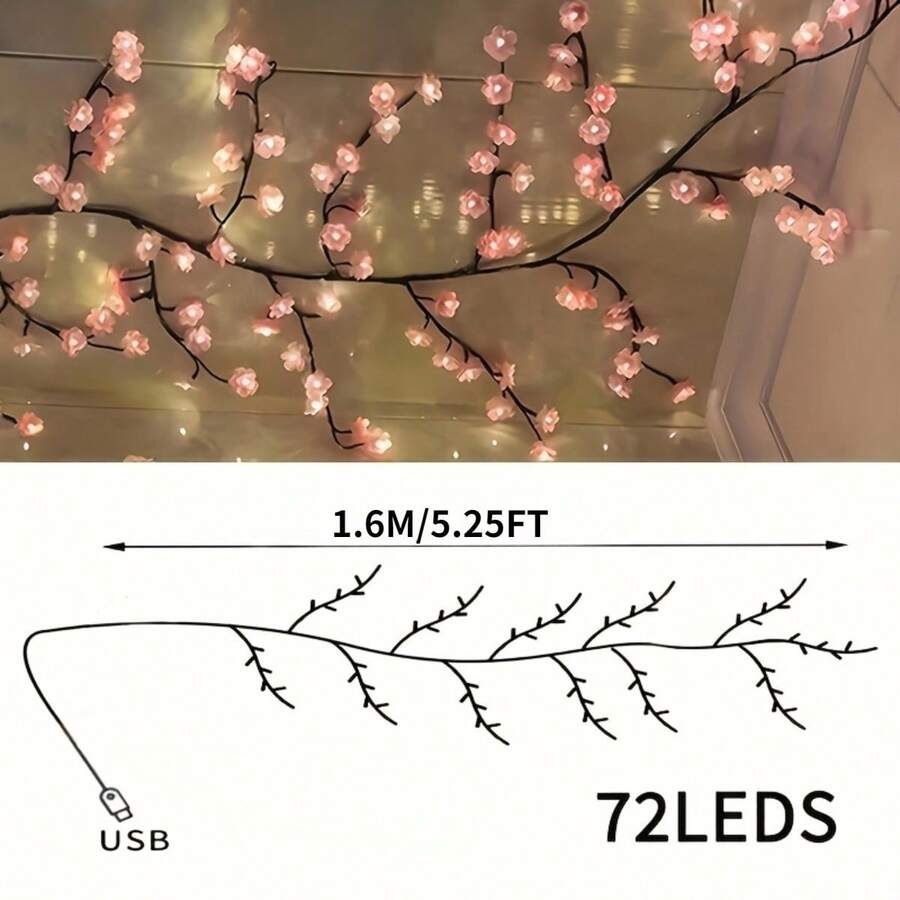 Cherry Blossom Wreath With Lights, USB Powered, With Remote Control, 72 LED Fairy Lights, Perfect For Fireplace, Wedding And Party Indoor Decoration