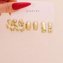 1 Set 9 Pairs/3 Pairs Gold Floral Textured Earrings Multi-Piece Pack, Vintage Geometric Hoop Earrings Set, Women's Fashion Jewelry - Yellow Gold - View 8