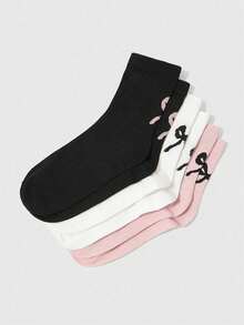1/3/6 Pairs Women's Cute Bowknot Print Mid-Calf Socks, Pure Black White Gray Ribbed Crew Socks, Simple Fashion Pattern Daily Casual Ankle Socks - Multicolor - View 5
