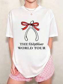 Women's Loose-Fitting White T-Shirt Printed With Bone Motif, Wishing Block, And Red Bow With English Text In A Minimalist Style - 白色 - 查看 1