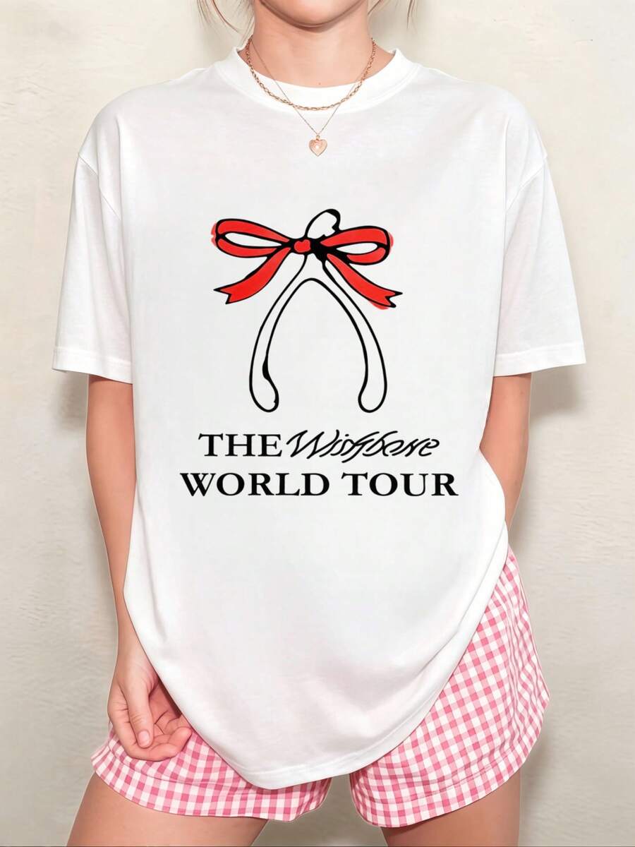 Women's Loose-Fitting White T-Shirt Printed With Bone Motif, Wishing Block, And Red Bow With English Text In A Minimalist Style - 白色 - 查看 1